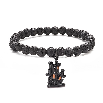 Natural Lava Rock Round Beaded Stretch Bracelet with Enamel Halloween Charms BJEW-JB08331-1