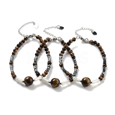 Natural Tiger Eye Round & Synthetic Non-magnetic Hematite & White Shell Beaded Bracelets for Women BJEW-K251-02G-1