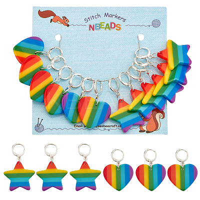 12Pcs 2 Style Striped Plastic Rainbow Heart & Star Charm Locking Stitch Markers HJEW-PH01681-1