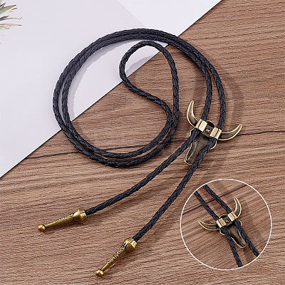 4Pcs 2 Colros Retro Alloy Pendant Black PU Leather Lariat Bolo Tie Necklaces NJEW-ME0001-11A-1