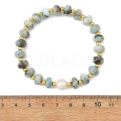 Natural Larimar Rondelle Beaded Stretch Bracelets with Natural Pearl BJEW-JB14432-1