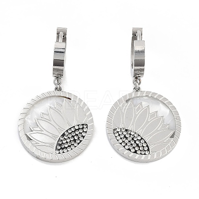 Flat Round with Sunflower 304 Stainless Steel Dangle Earrings EJEW-L283-058P-1