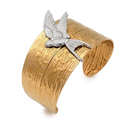 Textured 304 Stainless Steel Cuff Bangles for Women BJEW-C158-01B-GP-1