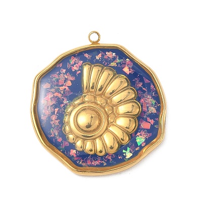 304 Stainless Steel Epoxy Resin with Natural Shell and Sequins Inside Pendants STAS-L026-17G-I04-1