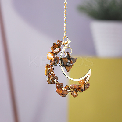 Natural Tiger Eye Chip Wire Wrapped Metal Moon Hanging Ornaments PW-WG29186-04-1