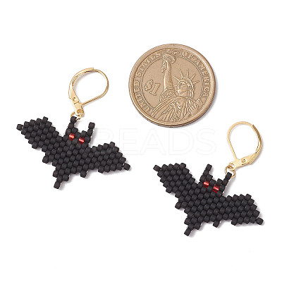 Halloween Theme Bat Handmade Glass Seed Beads Leverback Earrings EJEW-MZ00475-1