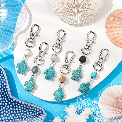 Tortoise Synthetic Turquoise and Natural Howlite & Lava Rock & Flower Amazonite Round Beaded Pendant Decoration HJEW-JM02295-1