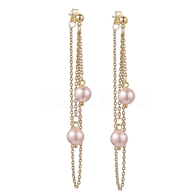 304 Stainless Steel Shell Pearl Round Bead Tassel Stud Earrings EJEW-JE06663-1