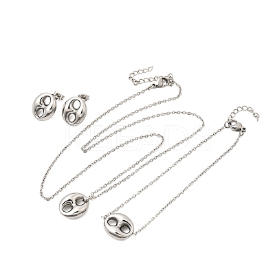 304 Stainless Steel Oval Pendant Necklaces & Bracelets & Stud Earrings Sets SJEW-P008-02P-1