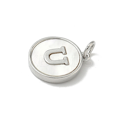 Brass Pave Natural Shell Flat Round with Letter Charms KK-Z115-13P-U-1