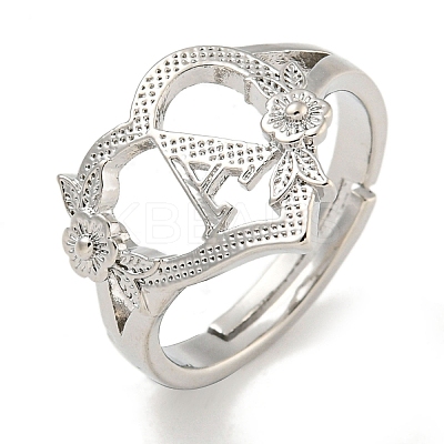 Heart with Letter & Flower Rack Plating Brass Adjustable Rings for Women RJEW-I105-05P-A-1