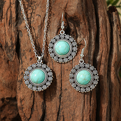 Bohemian Style Zinc Alloy & Synthetic Turquoise Pendant Necklaces & Dangle Earrings Sets WG40DB6-07-1