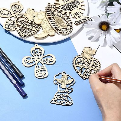 35Pcs 7 Styles Wedding Theme Wooden Huggie Pendants WOOD-CJ0002-07-1