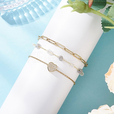 304 Stainless Steel Heart & Natural Labradorite Nuggets Link Chain 3 Layer Stackable Necklaces BJEW-JB12459-02-1