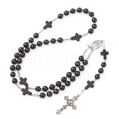 Synthetic Turquoise & Wood Rosary Bead Necklace NJEW-JN04431-04-1