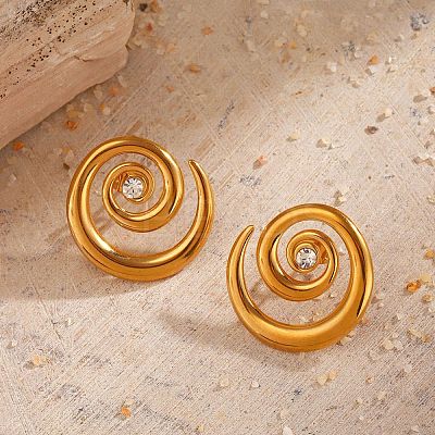 304 Stainless Steel Rhinestone Vortex Spiral Stud Earrings EJEW-K314-01G-1