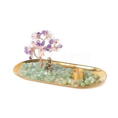 Natural Amethyst Money & Rose Quartz Tree Buddha Sculpture Set Incense Burner & Natural Green Aventurine on Trays for Wealth DJEW-G027-19RG-08-1