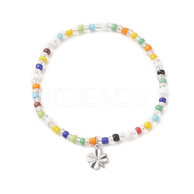 Colorful Seed Beaded Stretch Bracelet with Brass Charms for Women BJEW-JB09218-02-1