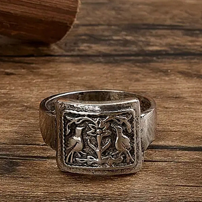 Rectangle with Bird & Flower Pattern Alloy Finger Rings FS-WGF2270-04-1