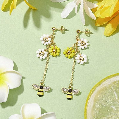 Spring Flower & Bees Alloy Enamel Dangle Stud Earrings EJEW-TA00498-1