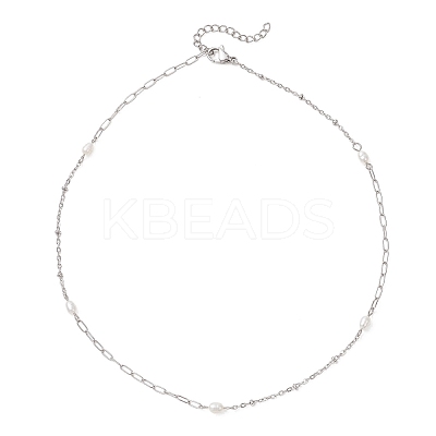 Natural Pearl Rice & 304 Stainless Steel Satellite Chain Paperclip Chain Necklaces for Women NJEW-JN05823-01-1