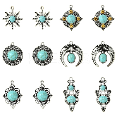 12Pcs 6 Styles Tibetan Style Alloy Pave Imitation Turquoise Pendants FIND-FS0002-81-1