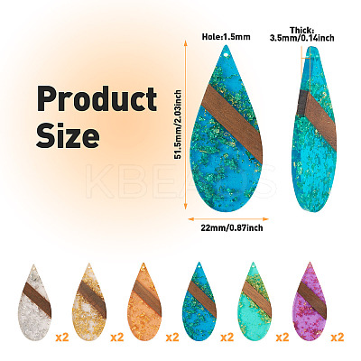 12Pcs 6 Colors Transparent Resin & Walnut Wood Big Pendants WOOD-TA0002-48-1