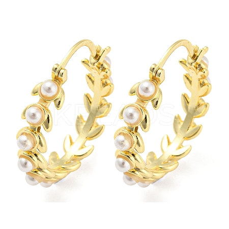 Rack Plating Brass Leaf Wreath Hoop Earrings with Plastic Pearl Beaded EJEW-Q779-05G-1