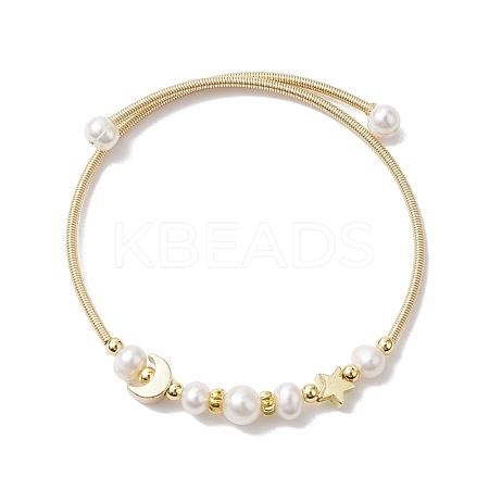 Natural Cultured Freshwater Pearl Bangle with Star Moon Brass Beads BJEW-JB10194-1
