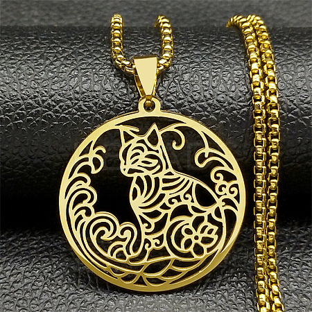 Ring with Cat Shape Pattern 201 Stainless Steel Pendant Necklaces for Men Women LS-NJEW-K283-13G-1