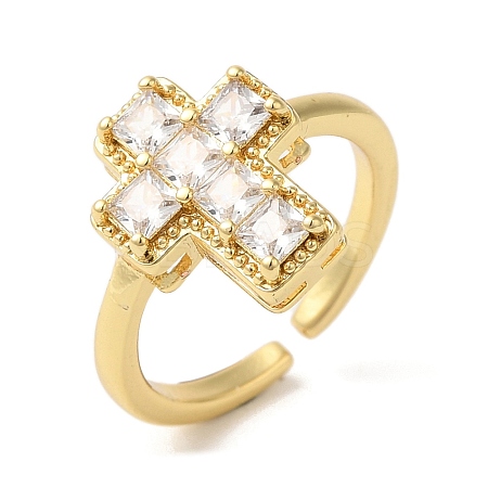 Cross Brass Micro Pave Clear Cubic Zirconia Open Cuff Rings RJEW-U008-20G-1