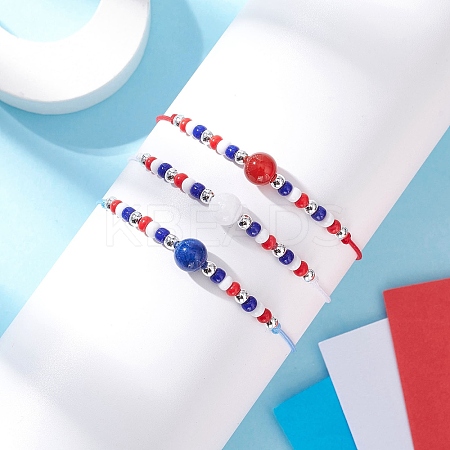 3Pcs 3 Colors Independence Day Glass Seed Beads Braided Bead Bracelets BJEW-MZ00179-1