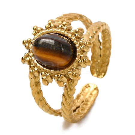 Oval Natural Tiger Eye Finger Rings RJEW-Q822-23G-02-1