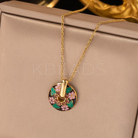 304 Stainless Steel Enamel Flat Round Necklaces for Women NJEW-Q028-01B-G-1