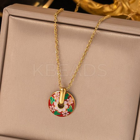 304 Stainless Steel Enamel Flat Round Necklaces for Women LS-NJEW-Q028-01C-G-1
