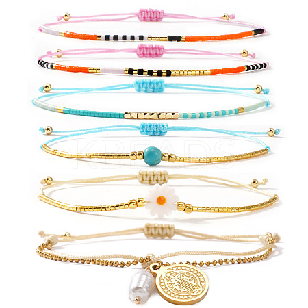 6Pcs 6 Styles Bohemian Glass Seed Bead Braided Beads Bracelets & 304 Stainless Steel Charm Double Layers Bracelets for Women WO6368-4-1