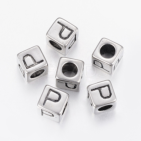 304 Stainless Steel Large Hole Letter European Beads LS-STAS-H428-01AS-P-1
