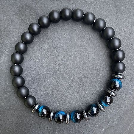 Natural Dyed Blue Tiger Eye & Matte Black Obsidian Round Beads Stretch Bracelets for Men Women UT1293-5-1