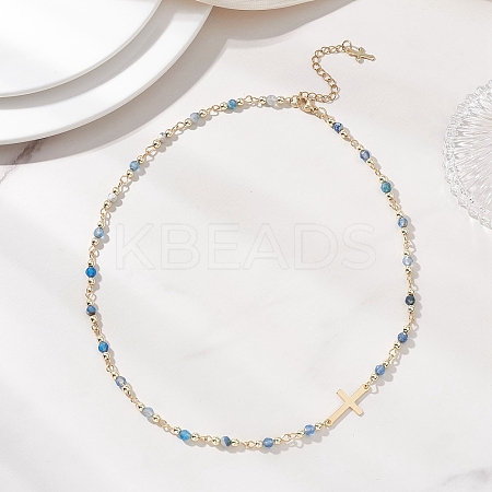 Faceted Dyed Natural Agate Round Beads & 304 Stainless Steel Tiny Cross Handmade Link Chain Necklaces NJEW-JN05842-01-1