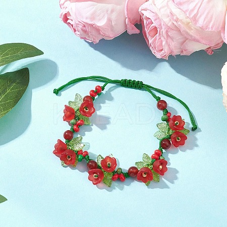 Flower Acrylic & MIYUKI Seed Beads & Natural Carnelian Bracelets BJEW-MZ00221-01-1