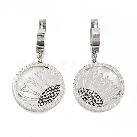 Flat Round with Sunflower 304 Stainless Steel Dangle Earrings EJEW-L283-058P-1