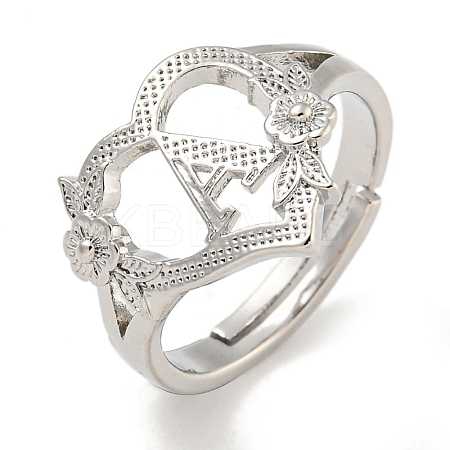 Heart with Letter & Flower Rack Plating Brass Adjustable Rings for Women RJEW-I105-05P-A-1