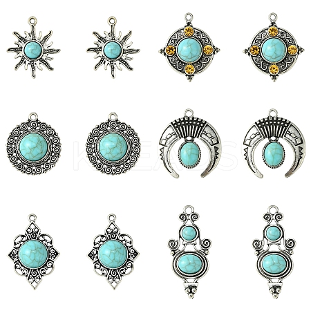 12Pcs 6 Styles Tibetan Style Alloy Pave Imitation Turquoise Pendants FIND-FS0002-81-1