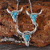Western Cowboy Style Synthetic Turquoise Cattle Head Pendant Necklaces & Stud Earrings Sets for Women FS-WG063A3-03-2