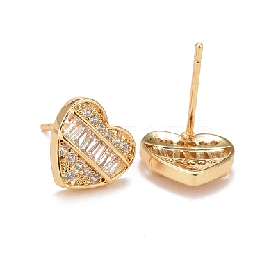 Clear Cubic Zirconia Heart Stud Earrings EJEW-G288-29G-1