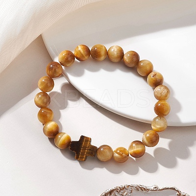 Natural Tiger Eye Round Beads Stretch Bracelets BJEW-JB13370-02-1
