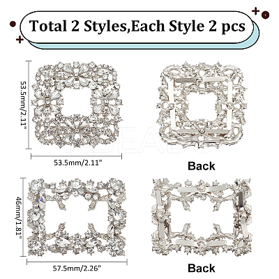 4Pcs 2 Styles Square/Rectangle Alloy Rhinestone Detachable Shoe Buckle Clips AJEW-WR0002-31P-1