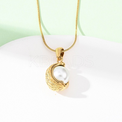 304 Stainless Steel & Acrylic Imitation Pearl Moon Pendant Snake Chain Necklaces for Women NJEW-F354-08G-1