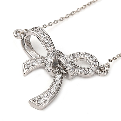 Brass Micro Pave Clear Cubic Zirconia Bowknot Pendant Necklaces NJEW-F326-04P-1