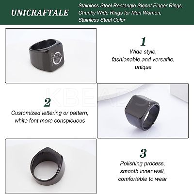 3Pcs 3 Size 304 Stainless Steel Rectangle Signet Finger Rings RJEW-UN0001-26B-1